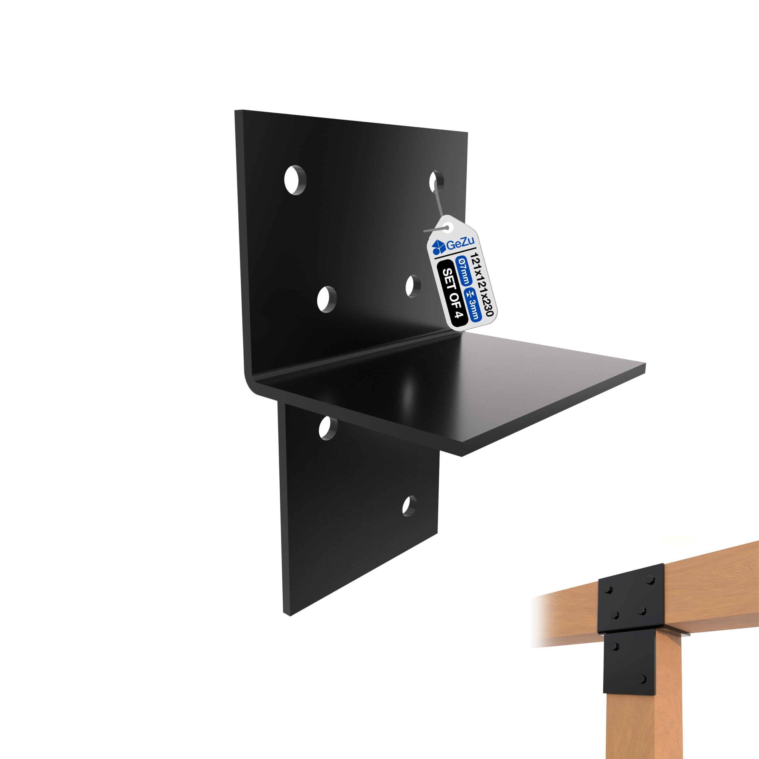 GeZu Impex Wood Connector T Piece 121x121mm Black Powder Coated Set of 4 T Connector Bracket Wall & Post Connector for Wooden Structures