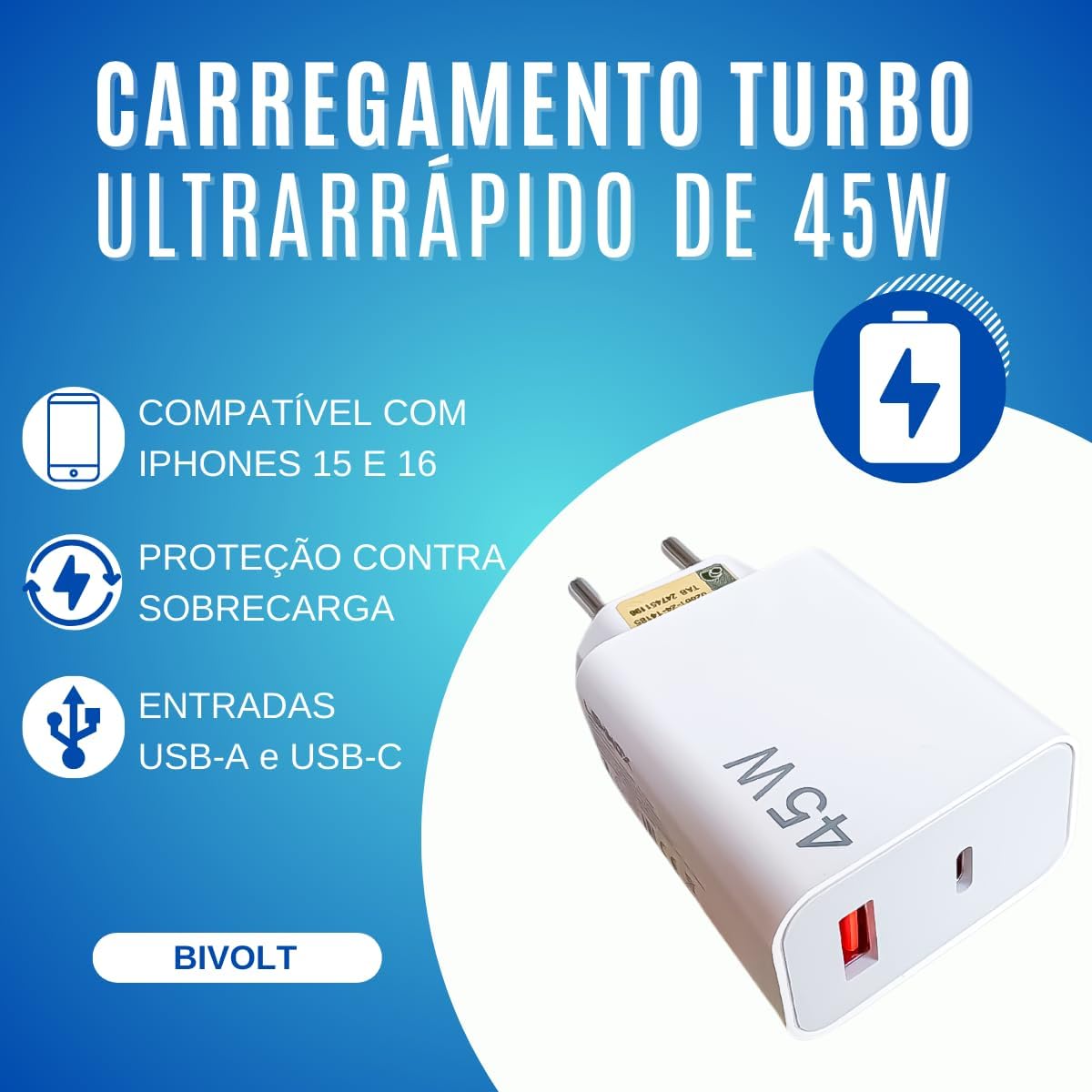 Carregador Tipo C Turbo 45W com Cabo USB-C de 1 Metro e Fonte Compatível com Novo Iphone 15 16 Pro Max Plus Carregamento Ultra Rápido Duas Portas USB-A e USB-C