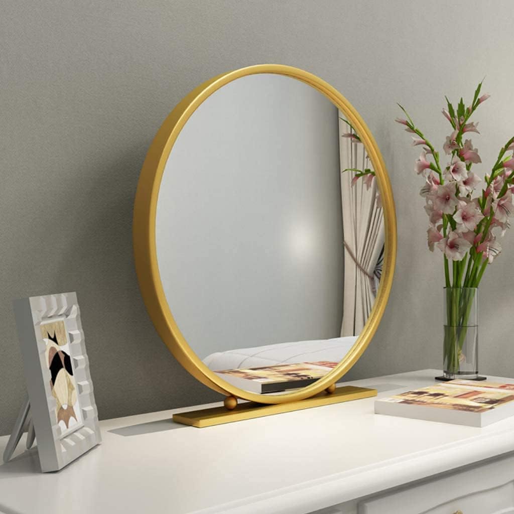 Gold Round Mirror with Base, Large Mirrors for Dressing Table Decor, 15.7-27.5in Big Metal Frame Standing Mirror, Modern Vanity Mirror (Size : Diameter 40cm(()