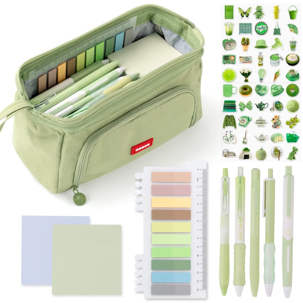 HVOMO Stationery Set,1 large-capacity pencil case,5 quick-drying pens,50 waterproof stickers,2 sticky note pads(200 sheets),1 set of 10-color index labels (200 sheets),Student stationery gift(Green)