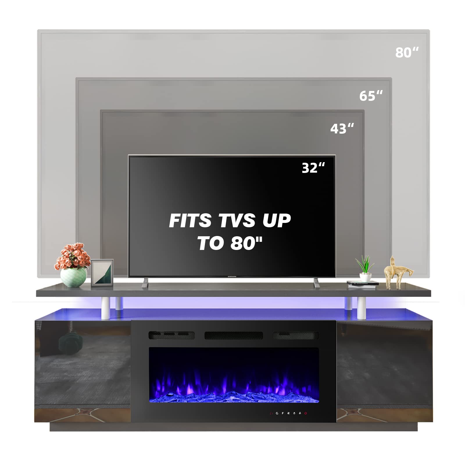 Amazon.com: EROMMY 70'' Fireplace TV Stand with 36'' Electric Fireplace, Entertainment  Center with 12 Flame Fireplace Insert Heater and 16 Color Led Lights, TV  Console for TVs up to 80'' for Living