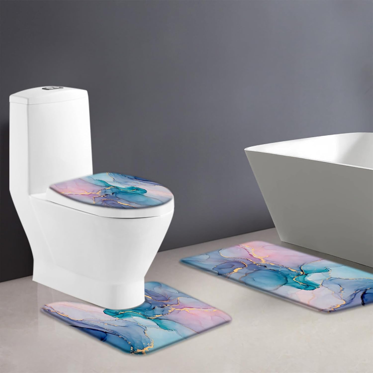 3 Piece Turquoise Teal Pink Marble Bath Mat Set Modern Abstract Blue Marble Texture Gold Stripes Elegant Luxury Bathroom Rug Sets,16"x24"Bath Mat,Toilet Seat Cover,U-Shaped Toilet Rug