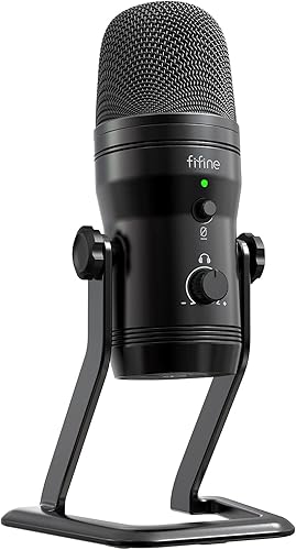 FIFINE Micrófono de grabación de estudio USB, micrófono de podcast para PC, PS4, Mac con botón de silencio y conector de auriculares para monitor,