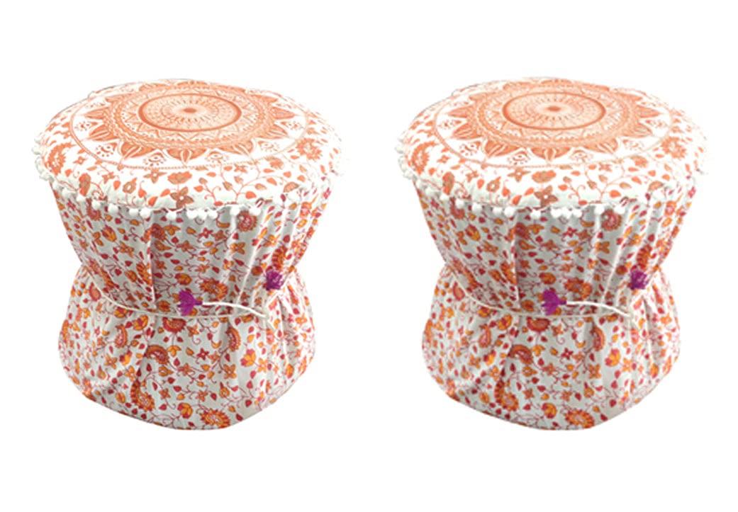 Rajasthaniartdecor Set of Two Footstool Bamboo Cover Multi Colour Mudda Ottoman Pouffe Cover Set of 2 Pieces Size 17x18 Inches-image-31