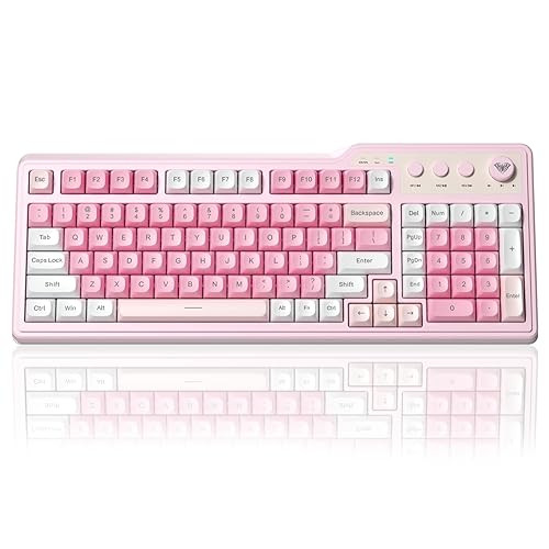 Aula F3099 Wireless Keyboard with Media Knob, Tri-Mode BT5.0/2.4GHz/USB-C Cute Creamy Keyboard with Number Pad, RGB Backlit Gaming Keyboard, Quiet Typing Pink Computer Keyboards for Office Laptop/PC - White & Pink
