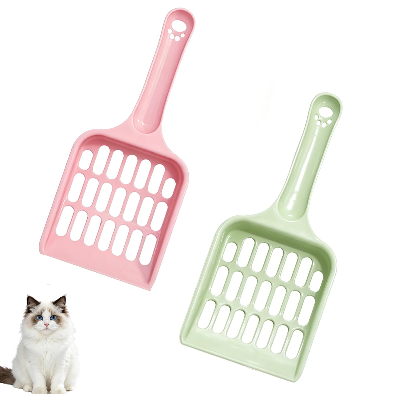 CUWERFO 2 PCS Cat Litter Scoop, Cat Poop Scoop, Litter Tray Scoop, Poop Scoop Cat Litter, for Easy Litter Box Cleaning, Suitable for Cat Owners(Green/Pink)