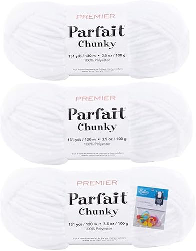 Premier Yarns Parfait Chunky - 3.5 oz - Peso súper voluminoso #6 - Paquete de 3 paquetes con marcadores de puntada Bella's Crafts (blanco)
