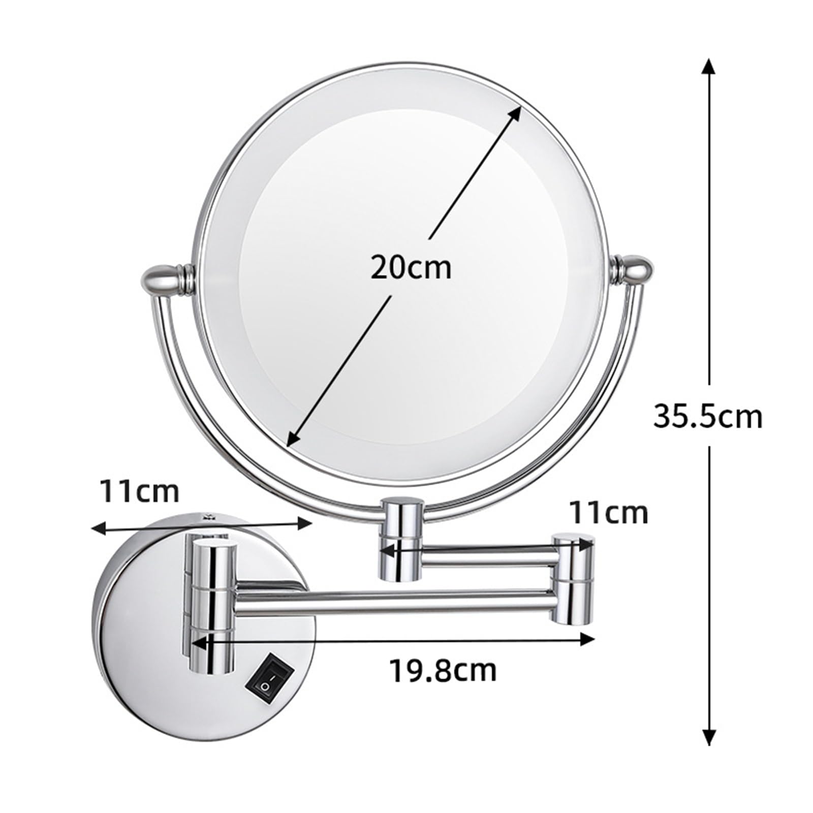 Lustro ścienne do makijażu ze światłami, dwustronne lustro powiększające, chromowane lustro do brody, obracane o 360 °, przewodowe, 7X