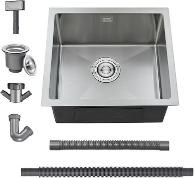 Stainless Steel Kitchen Sink, 40X40CM Small Sink, BoomHoze Undermount Single Bowl Outdoor Campervan Essential with Silencer Pad, Drainer Fittings, Drop in Flushmount or Topmount Installation, Brushed