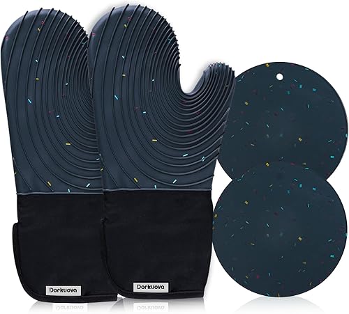 Dorkuova Guantes de horno de silicona, guantes forrados de algodón, sin BPA, guantes largos de cocina y salvamanteles, juego de guantes de horno