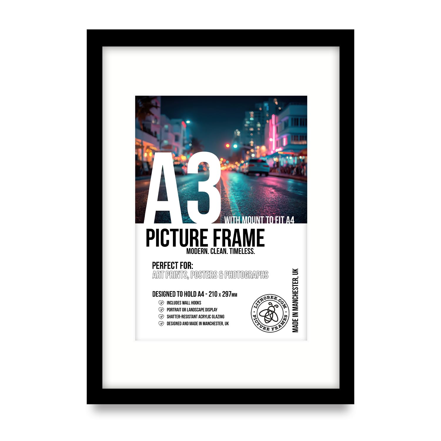 Lithobee Premium Black A3 Picture Frame with Mount