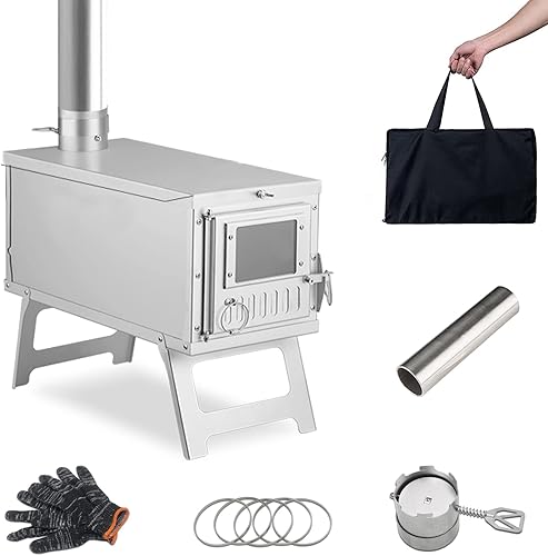 LynsaTac Portable Backpacking Stove Wood Burning Camp Stove with 8.2ft Storable Chimney and Adjustable Smoke Vent for Camping, Ice-fishing, Cookout,