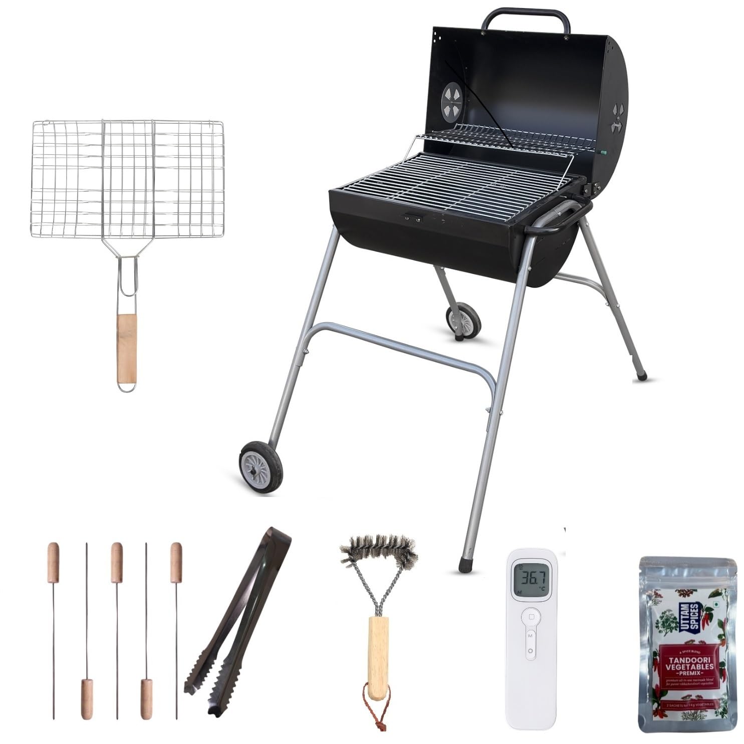 Peng Essentials WheelGrill Compact Barbeque grill with Accessories for home | Large Cooking Area, Additional Warming Rack | Barrel style, Charcoal Griller BBQ With Set of 10 Premium Accessories (B0BR1CND3S) Amazon Price History, Amazon Price Tracker
