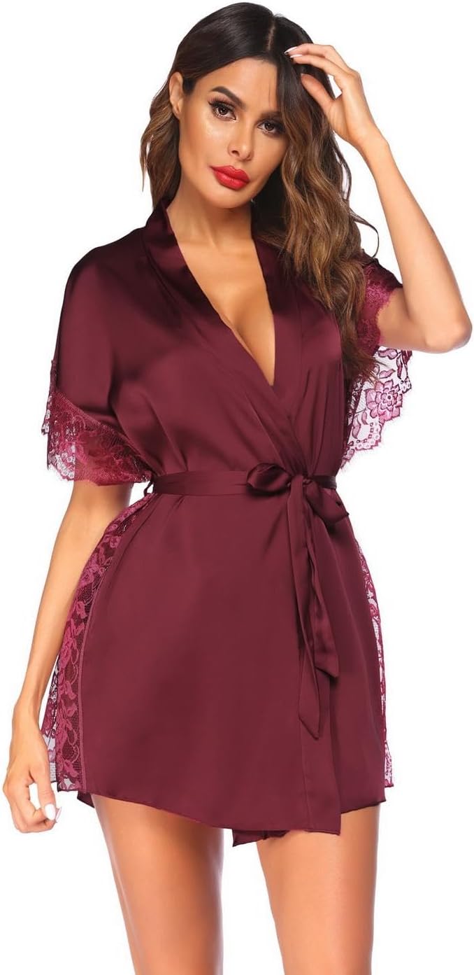 ELESOL Women Lingerie Robe Satin Sleepwear Eyelash Lace Kimono Side Split Sexy Silk Robes Robes