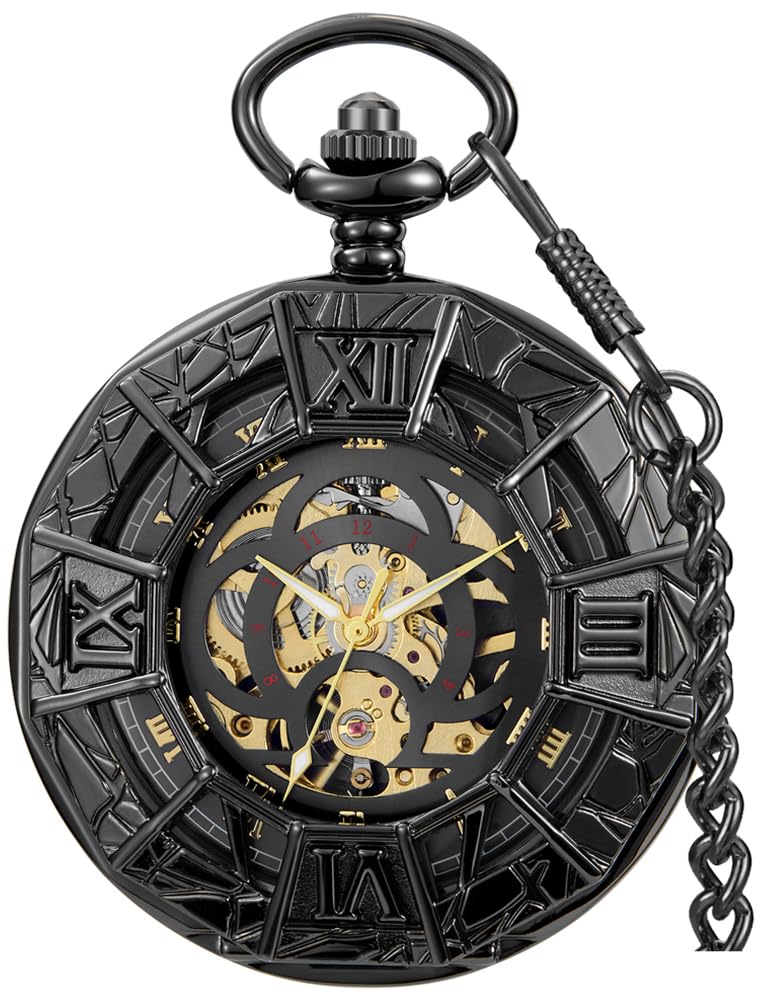 Pocket Watch Hollow Spider Pattern Roman Case Design Steampunk Mechanical Pocket Watch with Chains &amp; Boxs Christmas Graduation Birthday Gifts Fathers Day(Black)