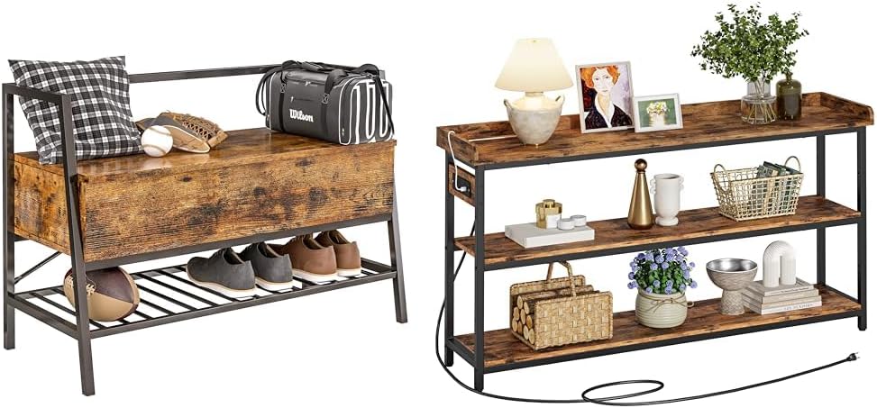 IRONCK Storage Bench, Industrial Shoe Rack Bench with Storage Box, Holds Up to 240 LB Shoe Organizer & Entryway Table, 55" Console Table with Power Outlet