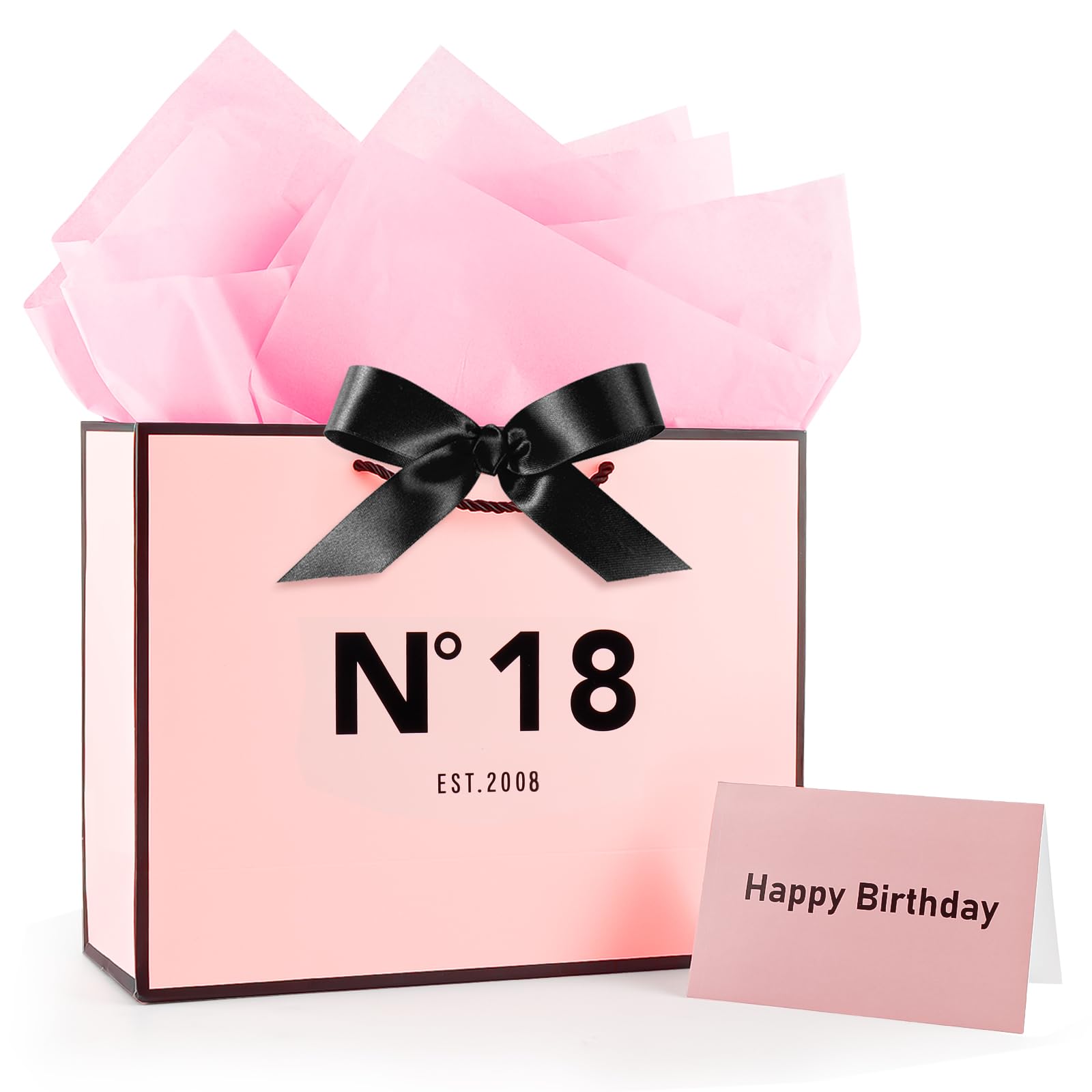 Girls Pink 18th Birthday Gift Bag 13" with Card Bow Ribbon and Tissue Papers for Celebrating Girls 2008 Born Birthday Anniversary Present Paper Bags for Gifts Wrapping(EST.2008 18th)