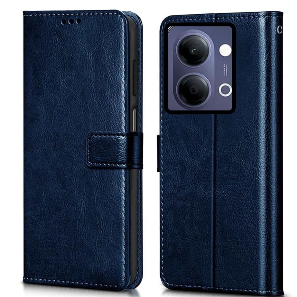 Leather Flip Case Cover Compatible with Back case Cover for Vivo Y11 5G| Hand-Stitched Leather Finish| Lightweight| Inbuilt Card Pockets|(Blue)