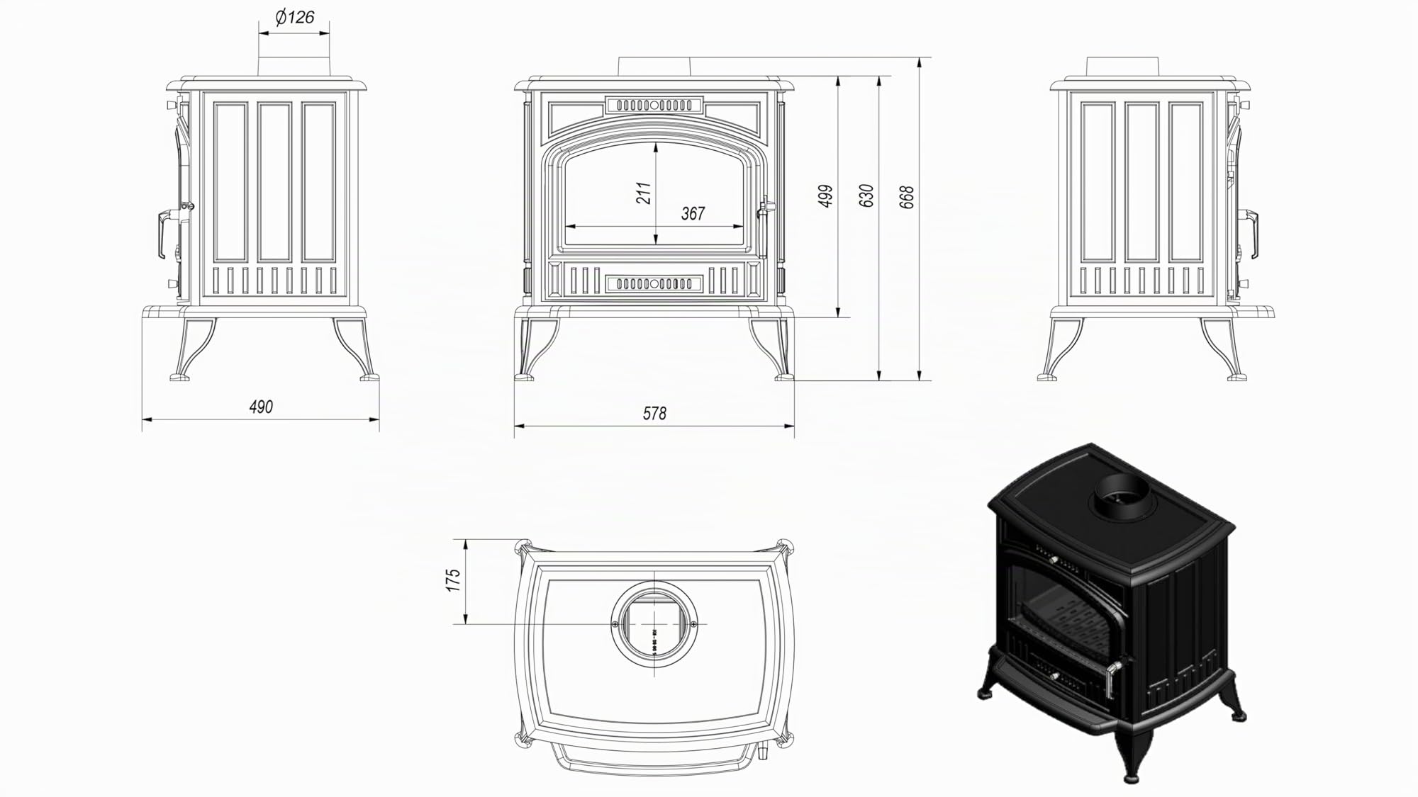 KRATKI Stufa a legna in ghisa KOZA K6 8kW Ø150mm - efficiente gamma di potenza 7-11kW, Stufa in ghisa economica ECO-DESIGN- Stufe Vintage & Svedesi - Classe di efficienza energetica A
