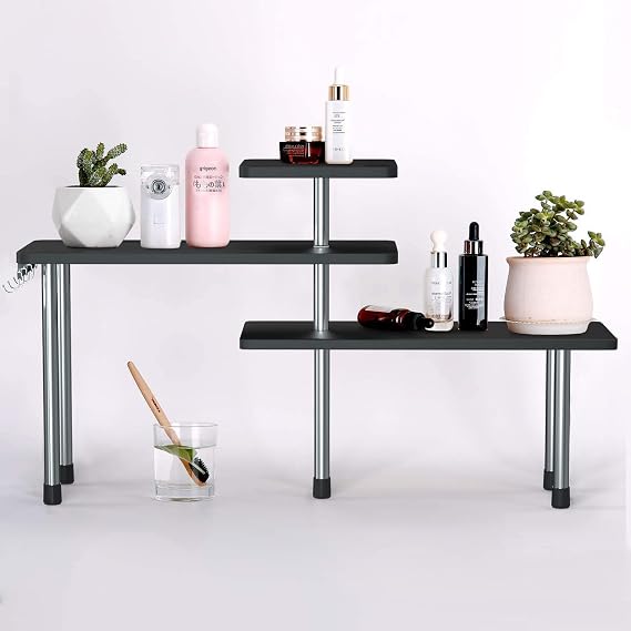 Jolitac Countertop Organizer, 3-Tier Spice Racks, Kitchen Counter Corner Shelf, Desktop Bamboo Rack with Hooks for Kitchen, Bathroom, Cabinet, Table, Coffee Bar (Black)