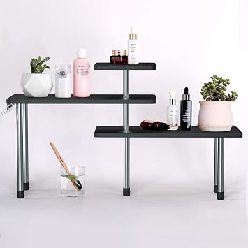 Jolitac Countertop Organizer, 3-Tier Spice Racks, Kitchen Counter Corner Shelf, Desktop Bamboo Rack with Hooks for Kitchen, Bathroom, Cabinet, Table, Coffee Bar (Black)