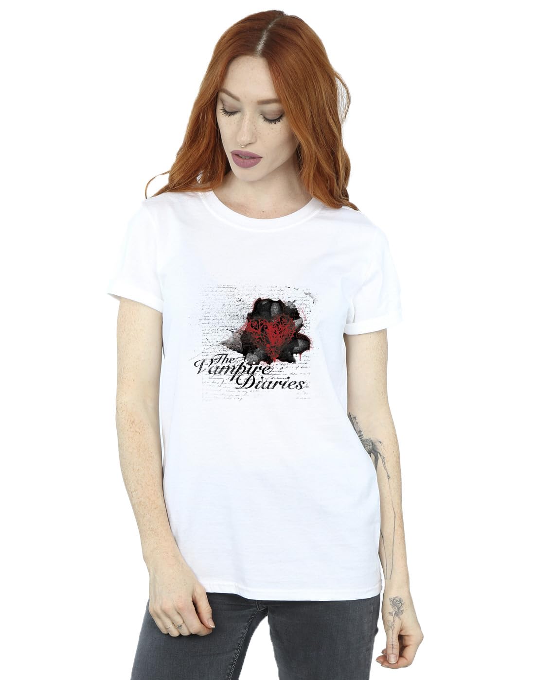 Absolute Cult The Vampire Women's Diaries Heart Diary Boyfriend Fit T-Shirt White XXXXX-Large