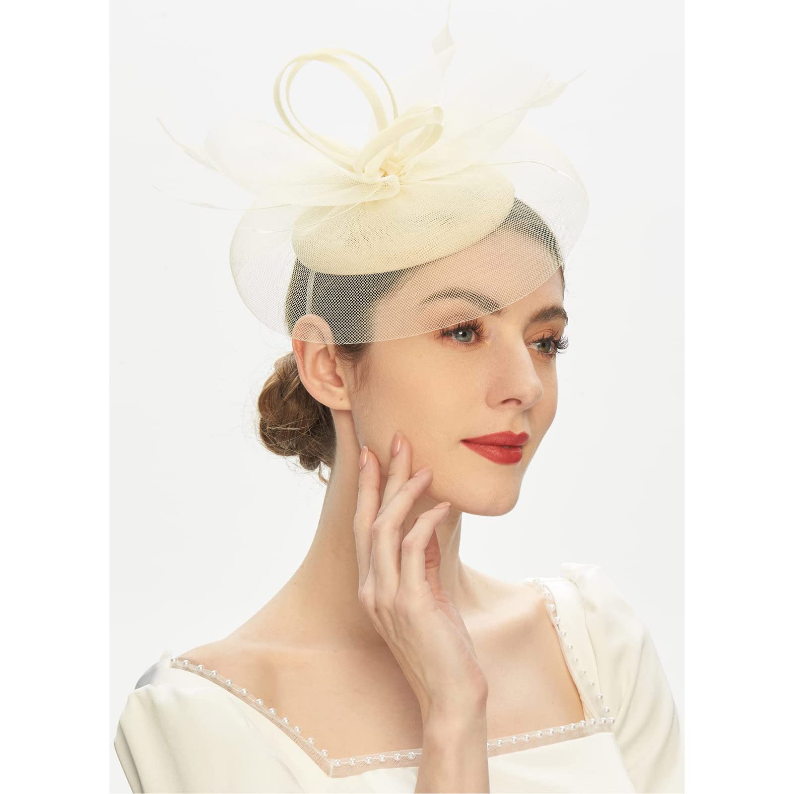 8823 Fascinators Headband With Feather For Women Tea Party Mesh Ribbons Amazon.com: Fascinators Hats Women Tea Part? Headband  main image 4