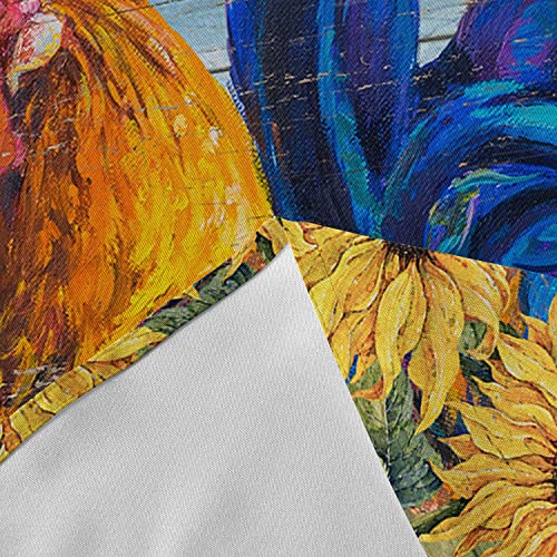 Warm Tour Farm Chicken Sunflower Summer Kitchen Table Cloth Waterproof Round Tablecloths,Watercolor Floral Blue Retro Wooden Spillproof Tablecover For Dining Room/Outdoor Parties/Bbq/Banquet #TOP6