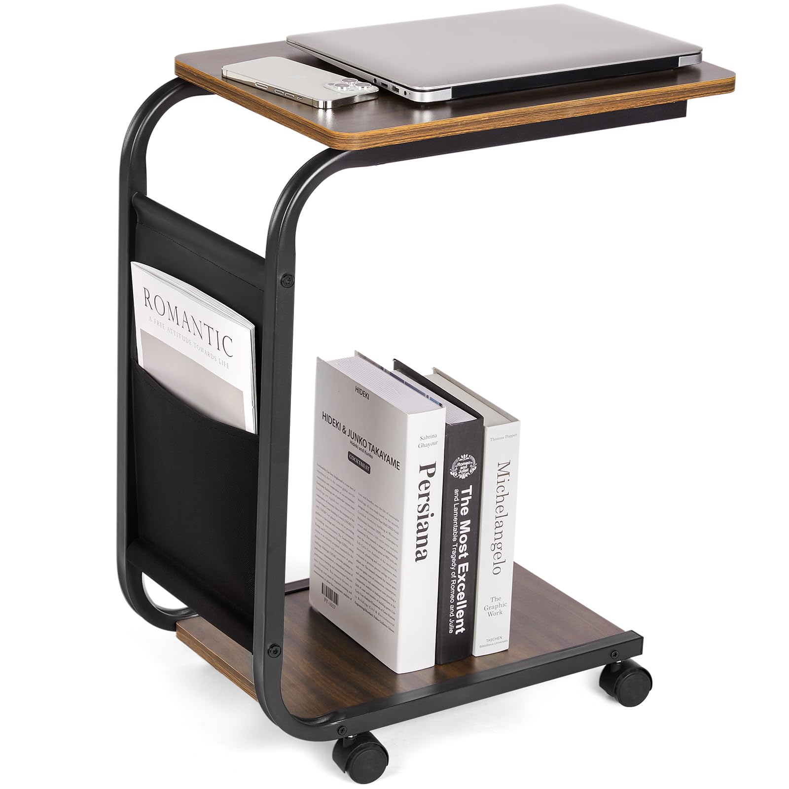 Yorbay Tavolino in legno, divano con ruote e custodia, tavolino portatile a forma di C con struttura in metallo, 46 x 30 x 62 cm, tavolino da salotto, caffè e computer portatile