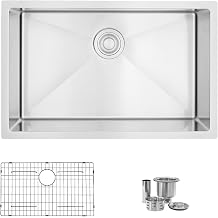 Stylish 28 x 18 Inch Drop In or Undermount Kitchen Sink 18G Stainless Steel 10mm Radius Corners Single Bowl Kitchen Sinks with Bottom Grid and Luxury Basket Strainer, S-306TG