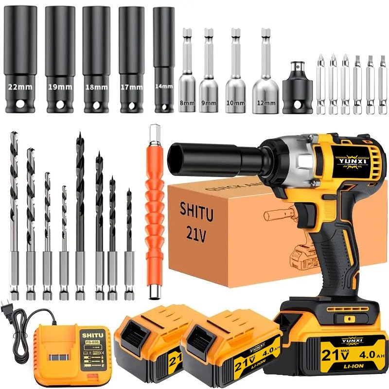 Image of cordless impact wrench drill kit, brushless electric impact gun drill, optional battery, toolbox, charger, socket and complete set of accessories (Machine+Battery * 2+Accessories)
