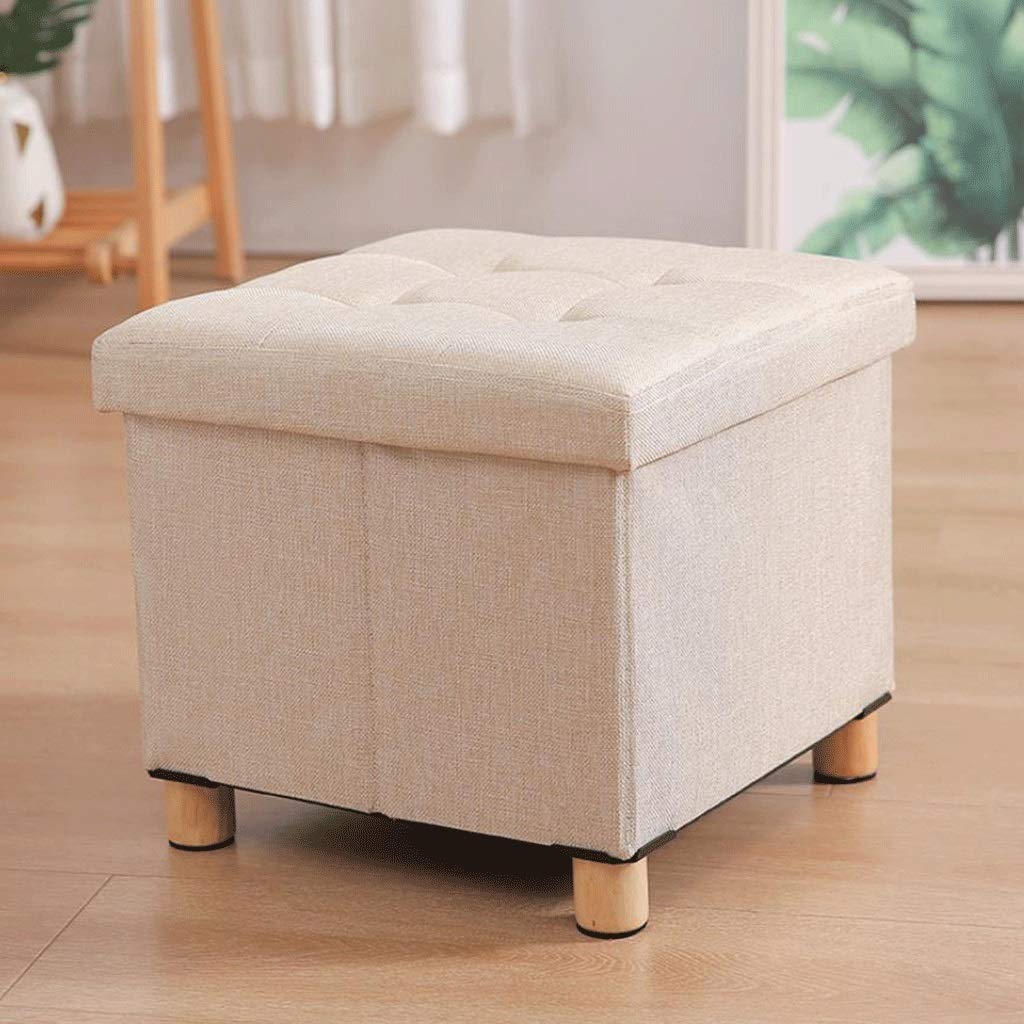 Pouf en lin beige 38x38x35cm avec coffre de rangement pliable et pieds en bois robustes