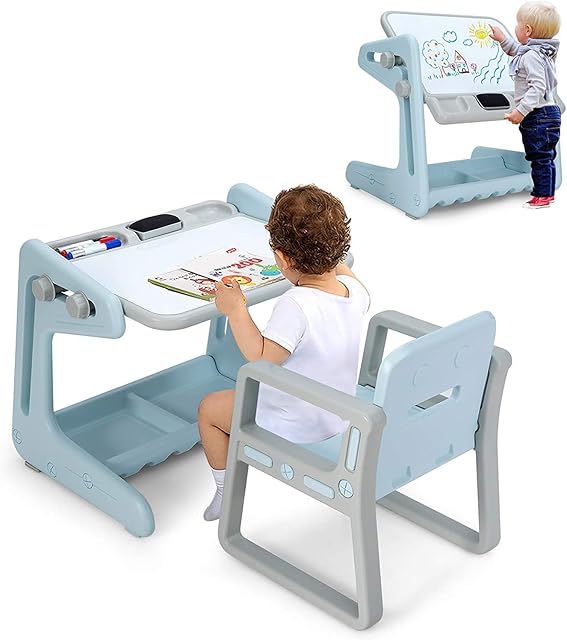 COSTWAY Kids Table and Chair, Drawing Board Study Desk with Adjustable Magnetic Whiteboard, Storage Space, Pens and Eraser, Children Activity Table and Chair Set for Boys Girls (Blue)