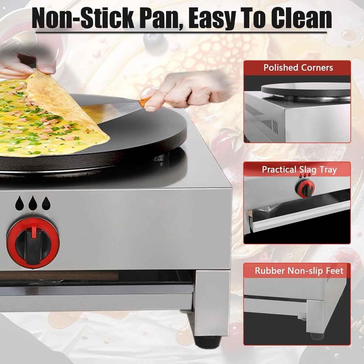 Máquina de crepes y panqueques a gas de 15.7 pulgadas, plancha antiadherente de temperatura ajustable para negocios, fiestas, perros calientes, huevos