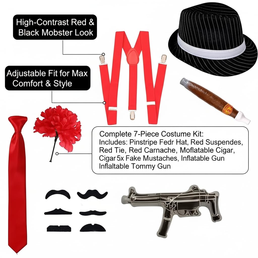 RockParty Gangster Costume Accessory Set 6 Piece 1920s Fancy Dress Kit with Trilby Hat, Tie, Braces, Fake Cigar - Image 2