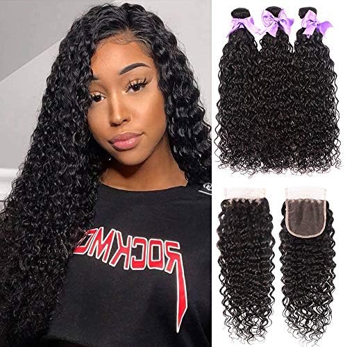 Water Wave Bundles and Closure (24 26 28+20) Brazilian Virgin Hair Water Wave 3 Bundles with Closure Free Part Wet and Wavy Hair Ocean Curly Human Hair Bundles with Closure Natural Color Laritaiya