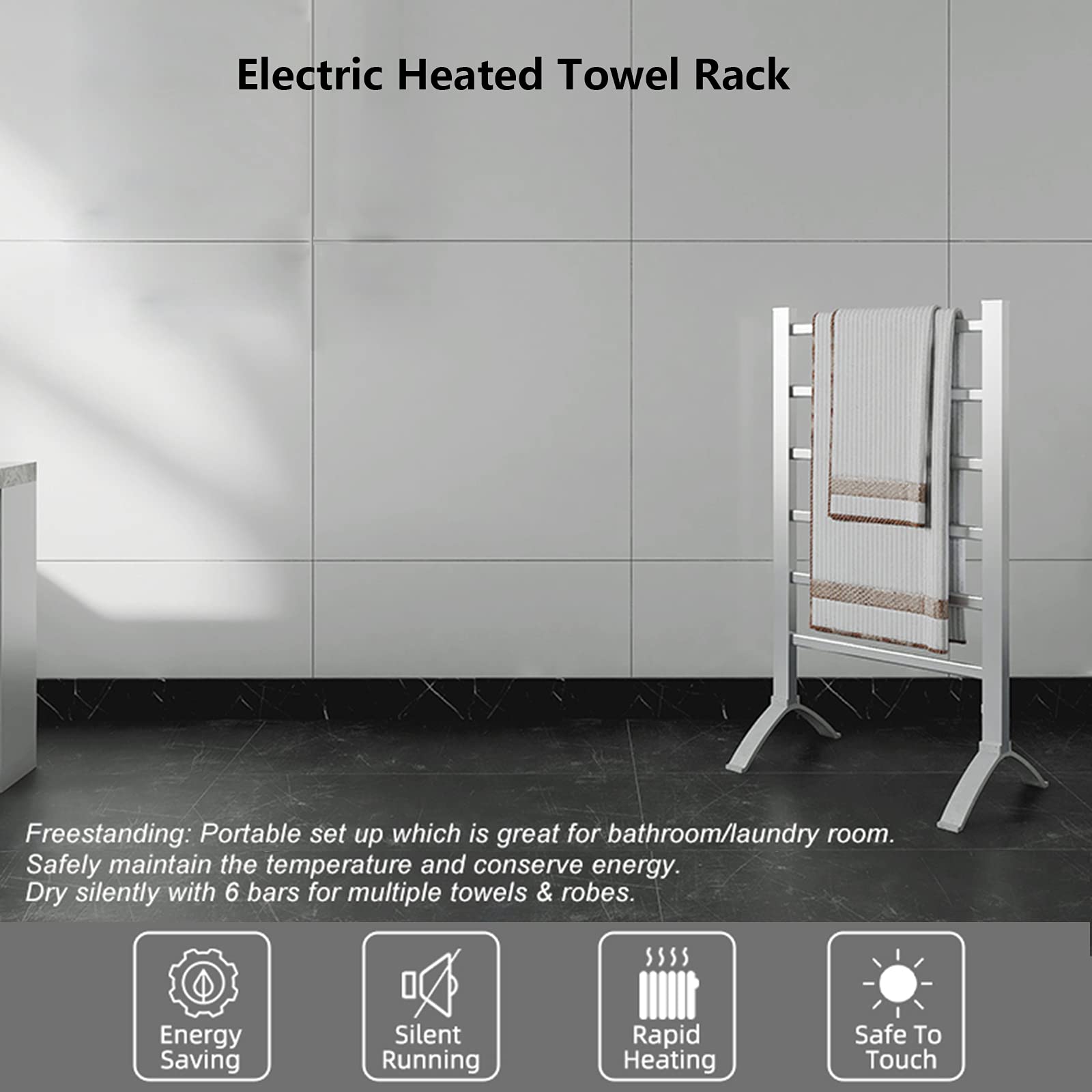 Radiador Toallero Eléctrica, Calentador De Toallas Plateado 2 En 1 Independiente Y Montado En La Pared, Rsecador De Toallas De Aleación De Aluminio De 6 Barras Y 100 W