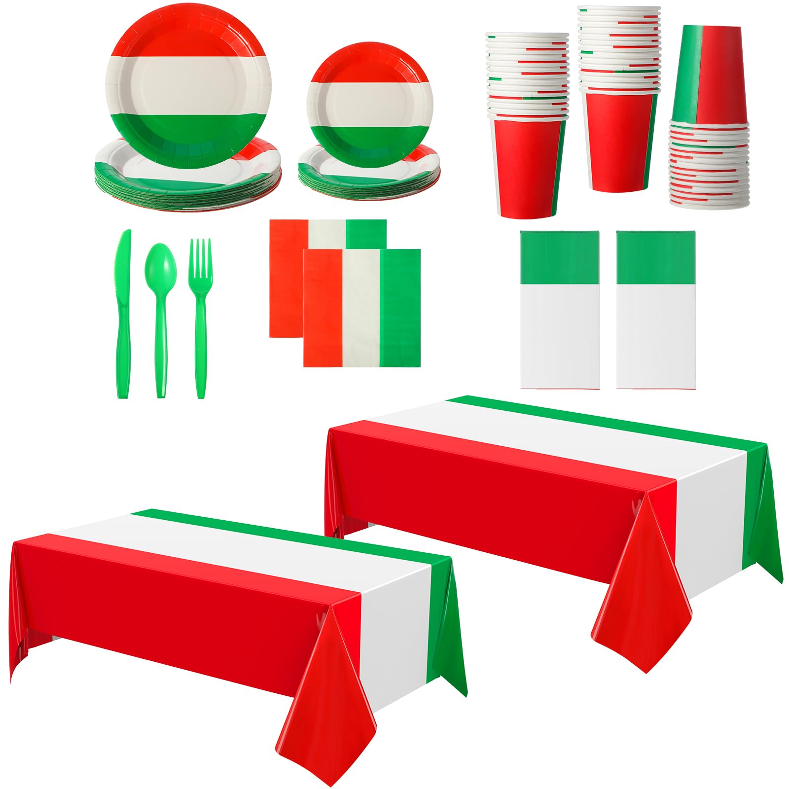 Oudain 162 Pcs Italian Dinner Party Decorations 2 Italian Flag Rectangular Tablecloth Italy Flag Decorations Italy Themed Tableware Red White and Green Party Supplies Dinner Plates Set