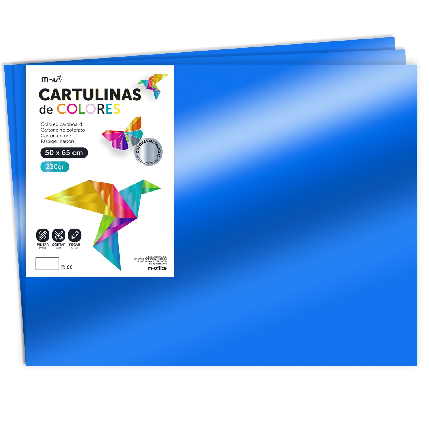 Cartoncino Colorato Metallizzato, Fogli Grandi 50x65 cm, Cartoncini 230g per Fai da Te, Progetti Creativi e Arte con Effetto Riflettente · m-office (10 fogli, blu)