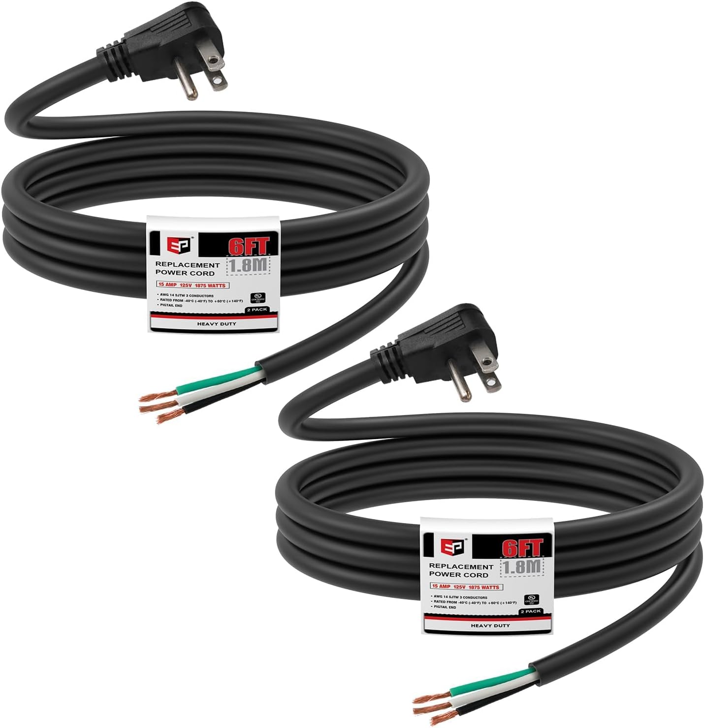 EP 2 Pack 3 Ft Flat Plug Appliance and Power Tool Cord, 14 Gauge 3 Prong 15A Replacement Power Supply Cord Cable, 110V 115V 120V AC Pigtail, Grey