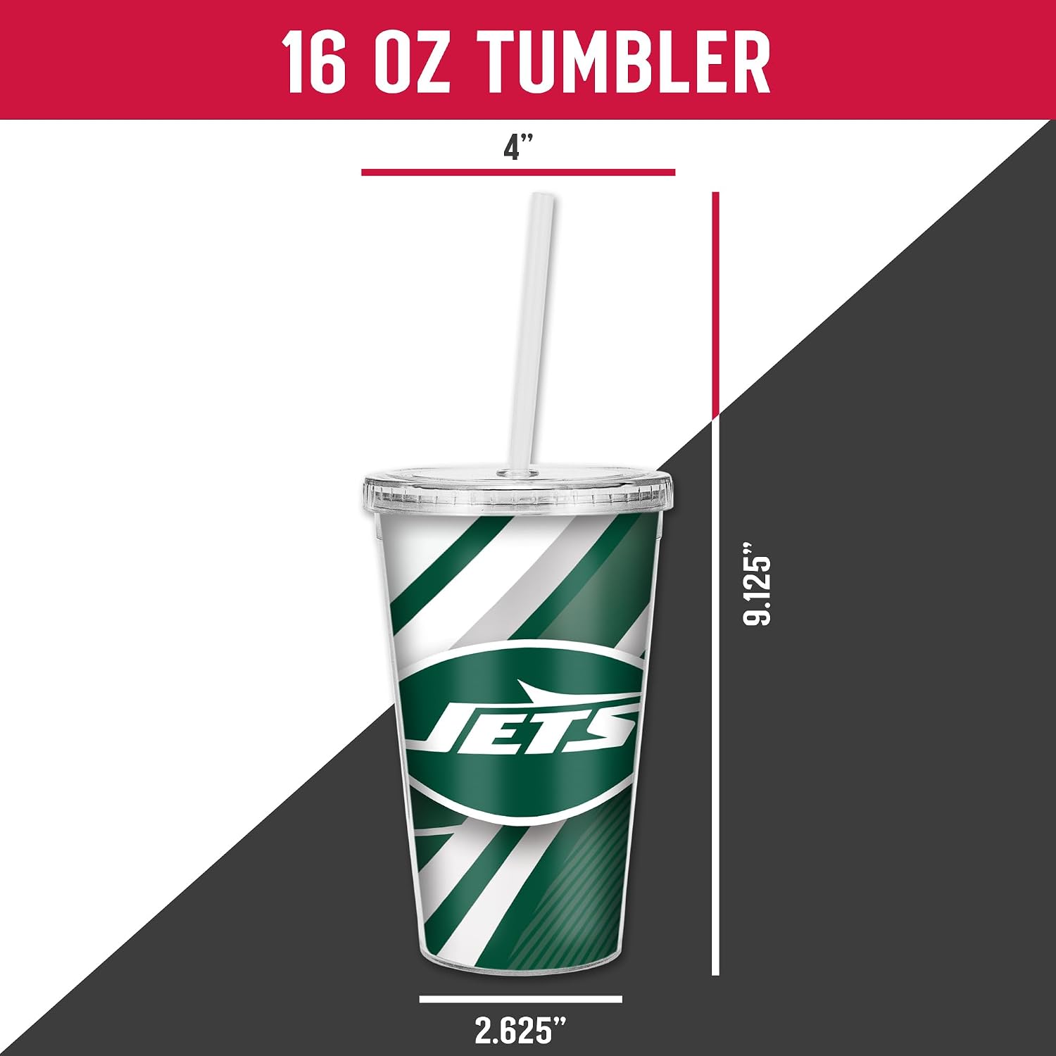 Rico Industries NFL Football New York Jets NFL Football Team 16oz Clear Tumbler W/Straw - Team Colored Travel Tumbler for NFL Fans - Keeps Drinks Cold or Hot