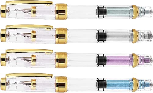 Miniatura 2 de Walfront Pluma estilográfica de relleno de pistón, punta fina dorada, transparente, colores surtidos, juego de 4, plumas estilográficas de acero