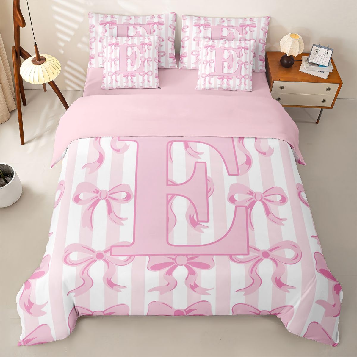 Loussiesd Juego de ropa de cama de 7 piezas para niños y niñas, con funda de edredón, sábanas, fundas de almohada, fundas de cojín, color rosa y blanco