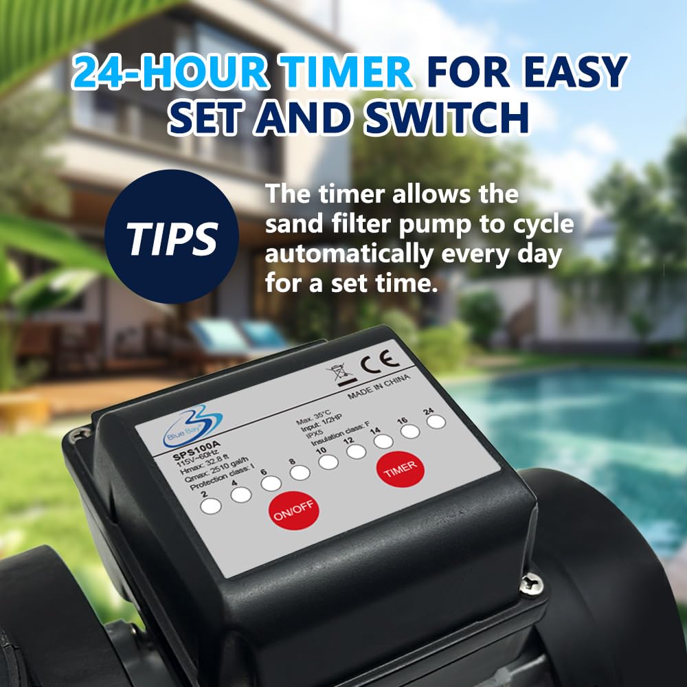 BlueBay Pompe filtrante à sable 15" avec minuterie 1/2 HP / 2250 GPH pour piscines hors sol jusqu'à 10 000 gallons, valve à 7 voies, installation facile, gris