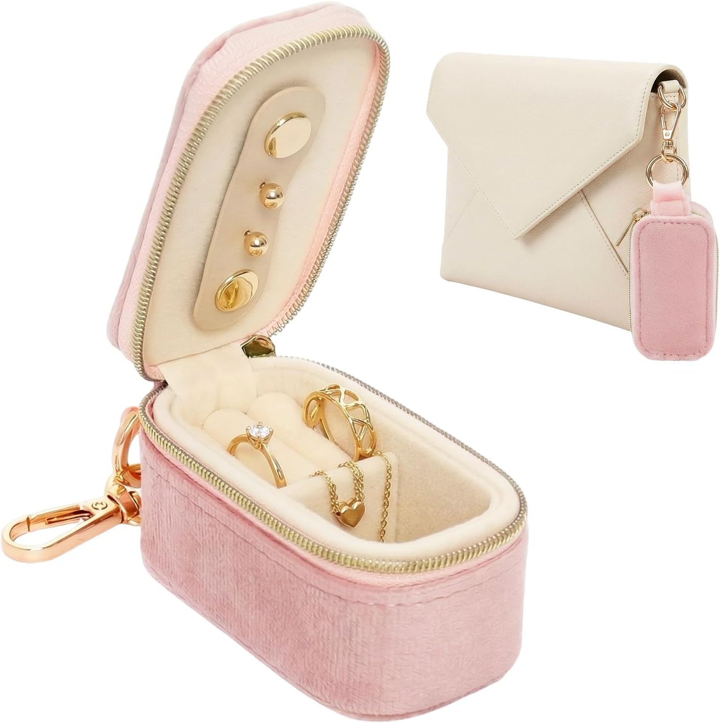 Velvet Mini Travel Jewelry Case Small 2-in-1 Ring Holder Box Keychain Portable Storage Clutch Organizer Gift for Women Earrings Necklace Wedding Party Outdoor