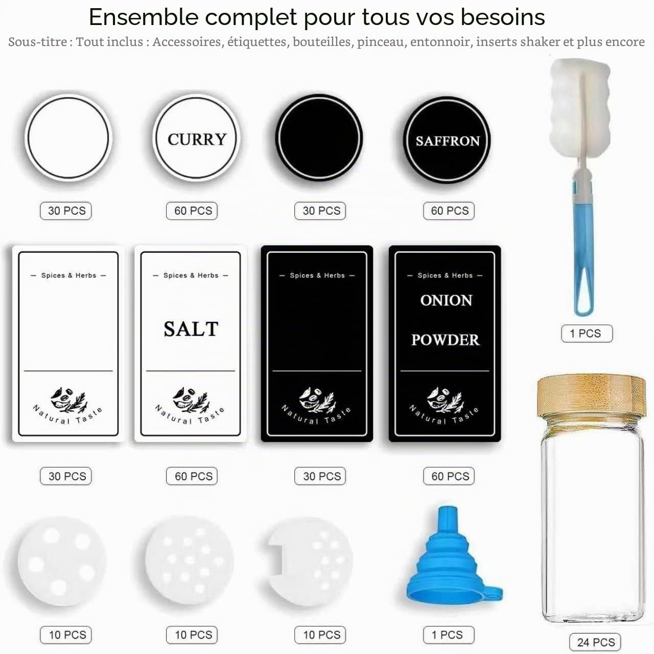 Danillous Lot de 24 pots à épices cylindriques avec couvercle en bambou, pots à épices avec insert saupoudrer, étiquettes pré-imprimées, autocollants noirs et blancs élégants (180 noms d'épices),