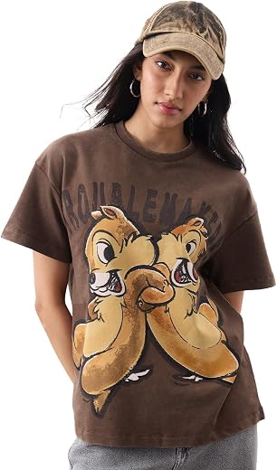The Souled Store Disney: Troublemakers Women and Girls Short Sleeves Round Neck Brown Graphic Printed Cotton Vintage Wash ...