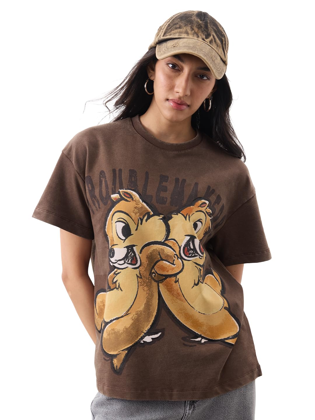 The Souled Store Disney: Troublemakers Women and Girls Short Sleeves Round Neck Brown Graphic Printed Cotton Vintage Wash ...