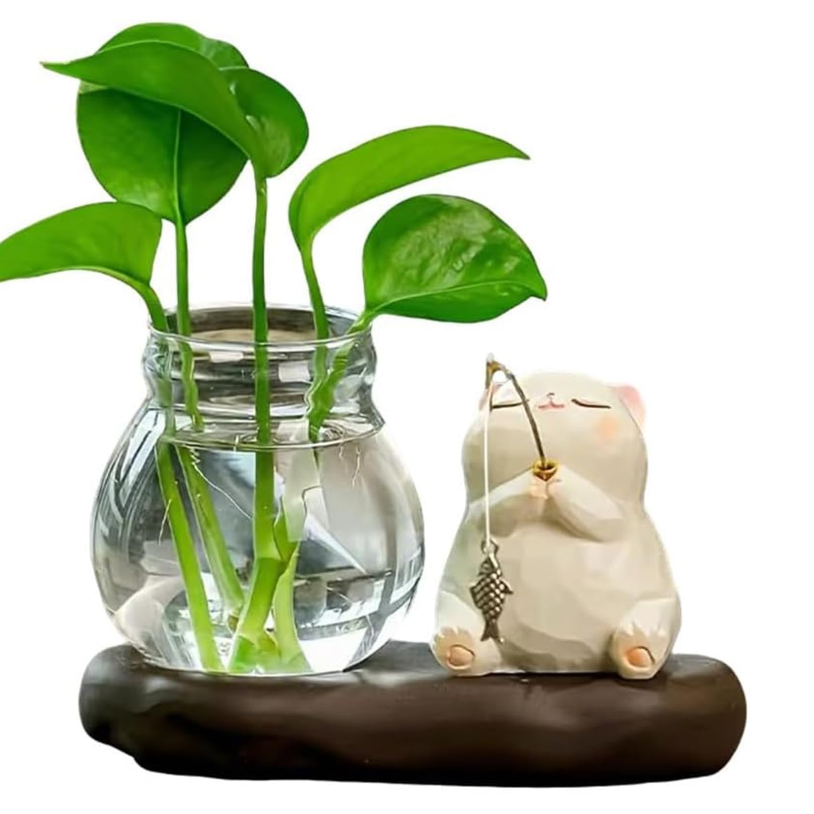 CAKEEYUM Minimalist Plant Propagation Station with Wood Stand Propagation Vases for Plants Hydroponic Planter for Desk Office Decor Plant Cuttings - Cat