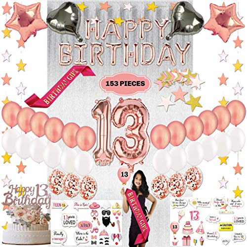 SPSS 13th Finally Teen Rose Gold Girl Birthday Party Decorations for Her 153 Pieces,Happy Birthday Banner,Cake Topper, Confetti, Silver Foil Curtain Backdrop,48 Props Photos,Satin Sash